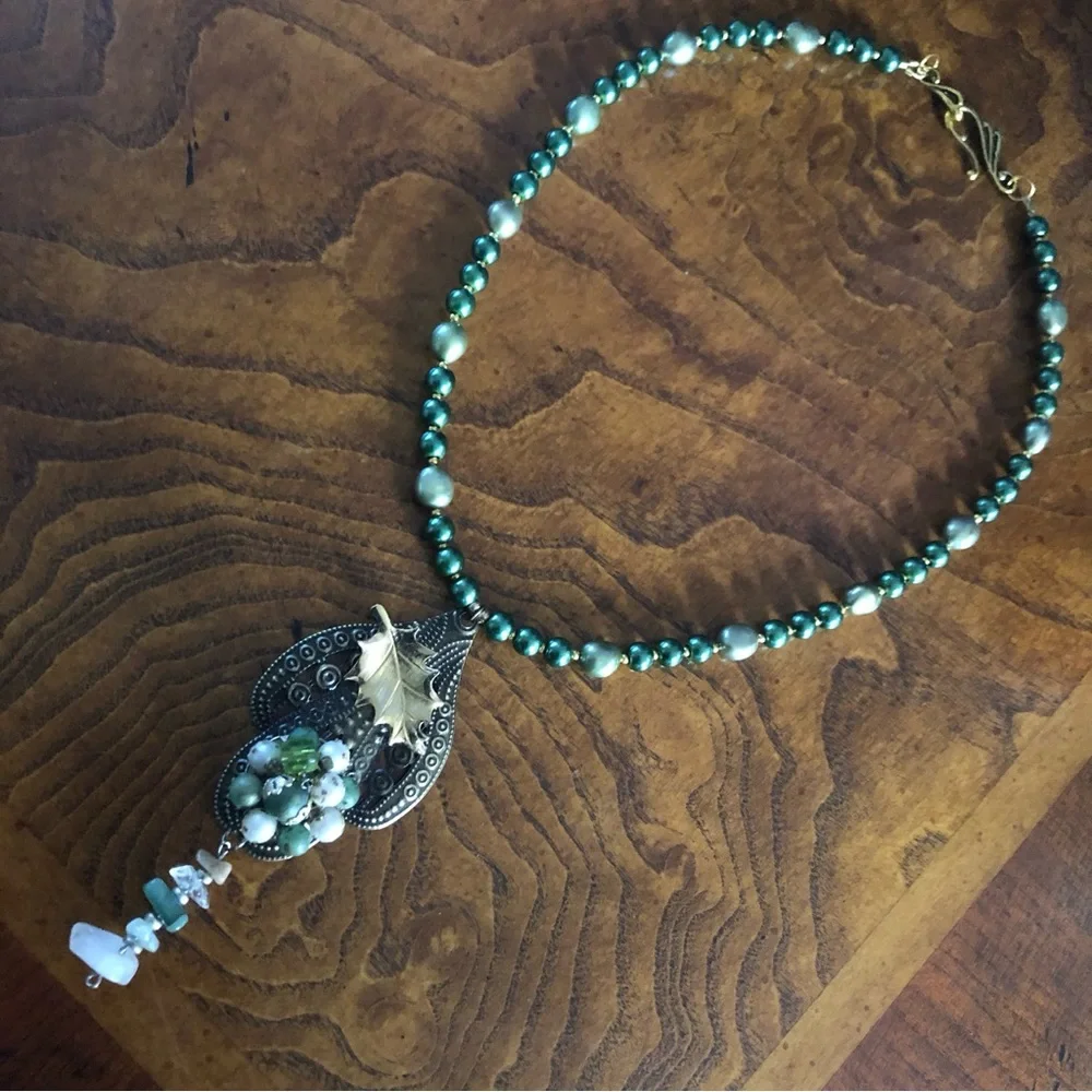 Handcrafted repurpose sage freshwater brass pendant Czech glass Pearl necklace